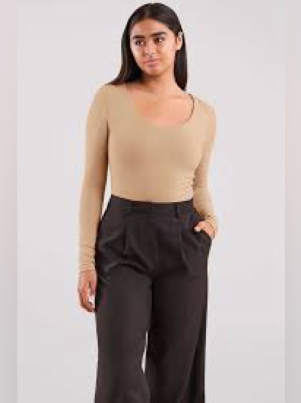 Nuuds long sleeve scoop neck beige nude cinnamon oat bodysuit top